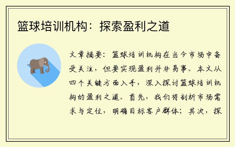 篮球培训机构：探索盈利之道