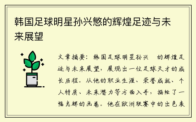 韩国足球明星孙兴慜的辉煌足迹与未来展望